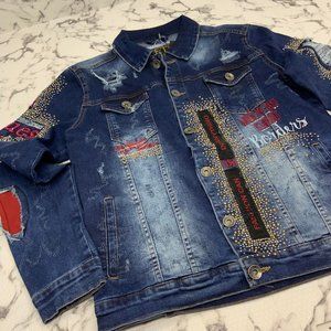 Men's Fashion Red & Gold Rhinestones Performance Blue Denim Jacket